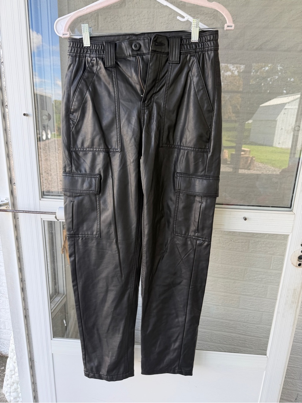 Black Faux Leather Cargo Pants AE